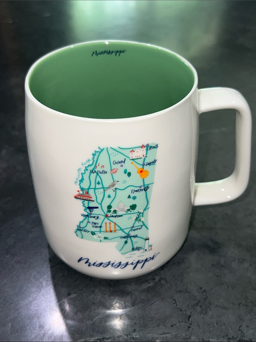 Mississippi Map Ceramic Mug with Green Interior
